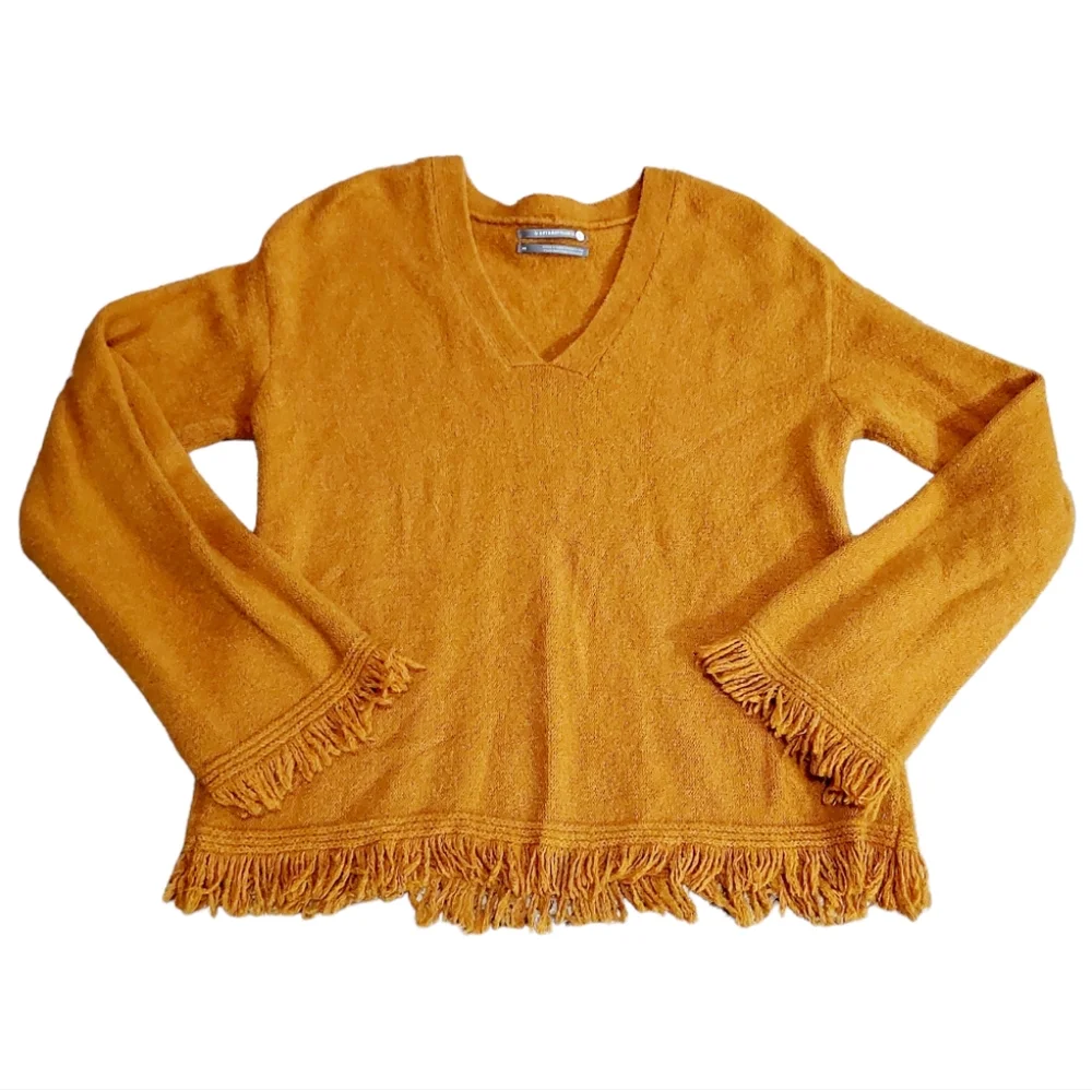 By Anthropologie Joy Fringed V-Neck Alpaca Blend Sweater size XS
